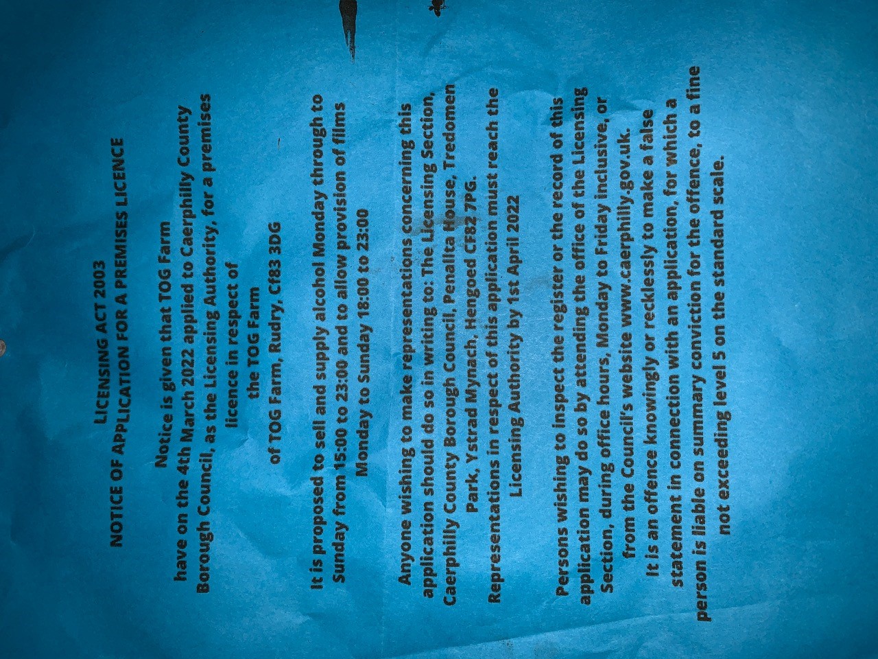 TOG FARM Notice-of-licence-applications Licensing-Act-2003