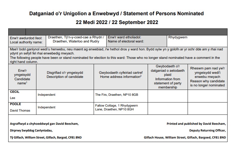 NOTICE OF ELECTION AT RHYDYGWERN WARD 