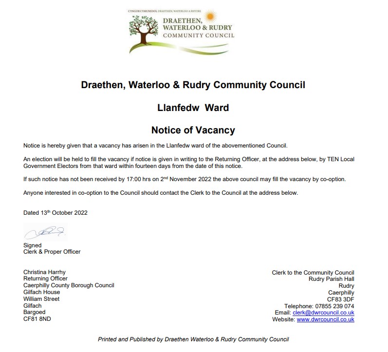 Notice of Vacancy for Llanfedw Ward