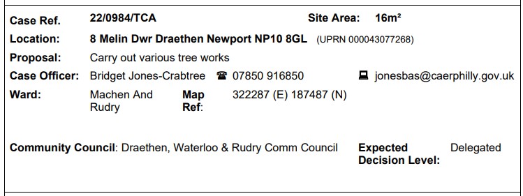 PLANNING APPLICATION 22/0984/TCA RECEIVED BY CCBC UP TO 22 NOVEMBER 