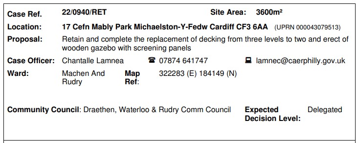 PLANNING APPLICATION 22/0940/RET RECEIVED BY CCBC FOR CONSIDERATION - FOR THE WEEK UP TO 29th NOVEMBER 2022