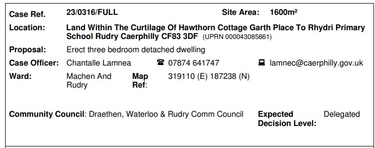 PLANNING APPLICATION 23/0316/FULL RECEIVED BY CCBC FOR CONSIDERATION FOR WEEK UP TO 16th MAY 2023