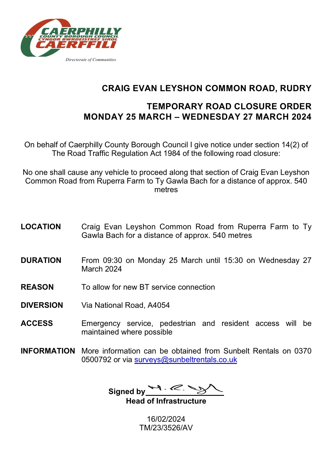 TEMPORARY ROAD CLOSURE ORDER MONDAY 25 MARCH - WEDNESDAY 27 MARCH 2024 - CRAIG EVAN LEYSHON COMMON ROAD, RUDRY