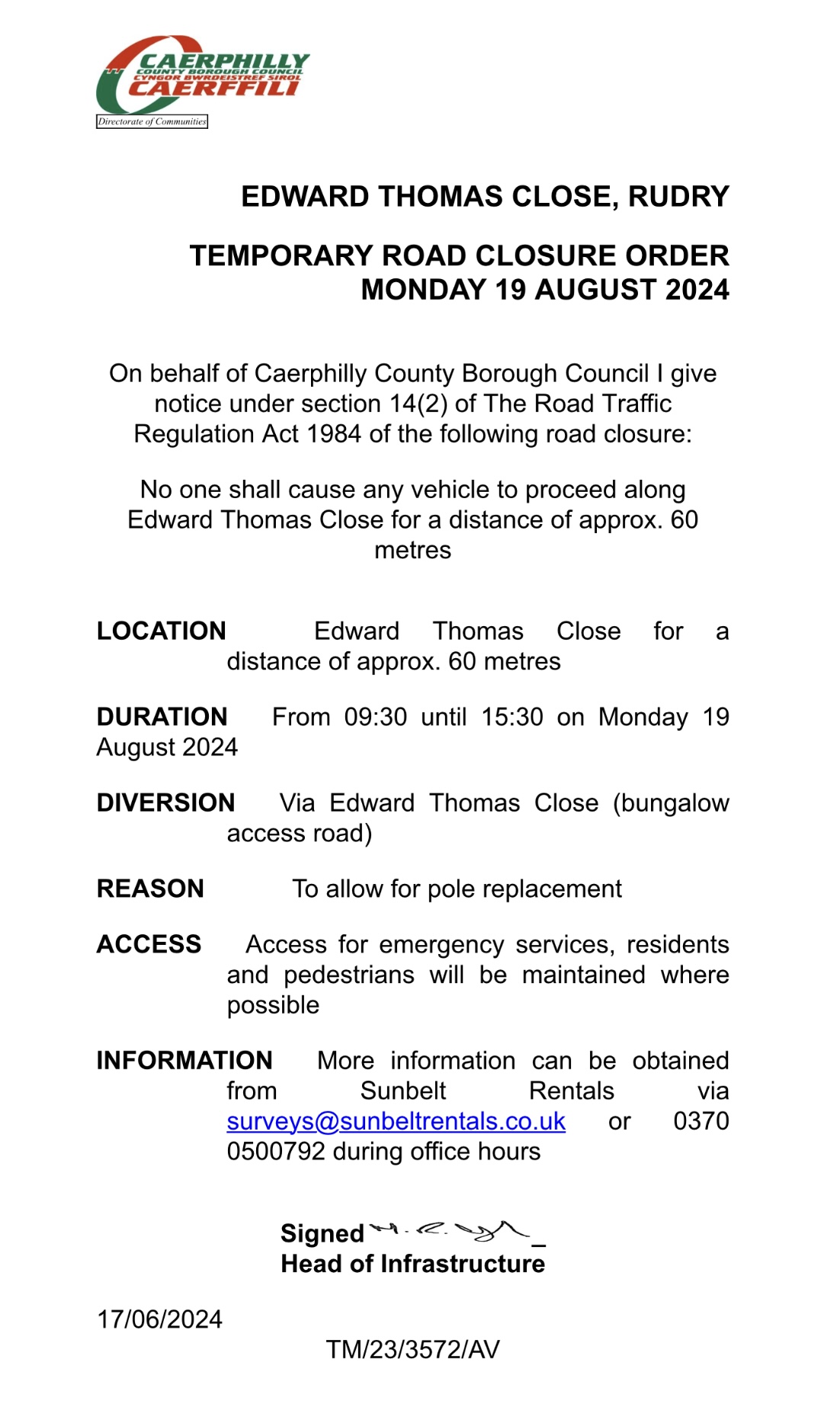 Temporary Road Closure Order