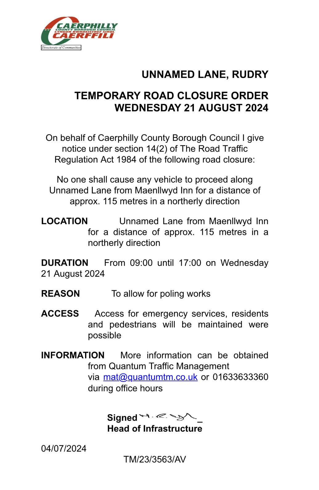 TEMPORARY ROAD CLOSURE ORDER