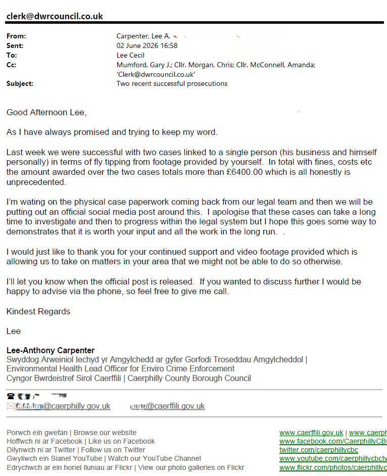 Email Regarding Fly Tipping Success